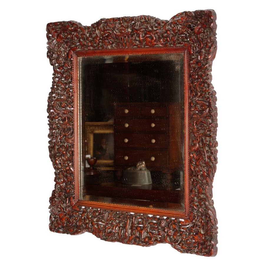 Antique Chinese Red Cedar Framed Mirror 