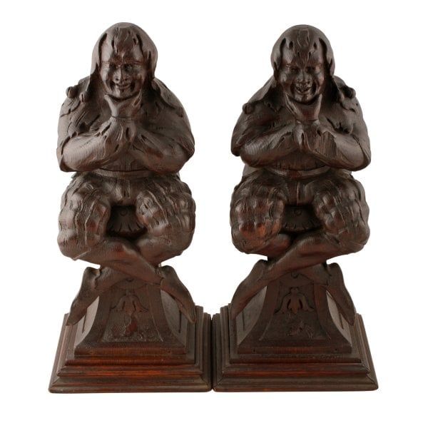 Antique Pair of Carved Wood Jester Figures 