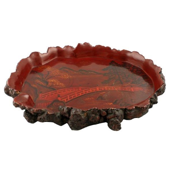 Antique Japanese Lacquered Root Wood Tray 