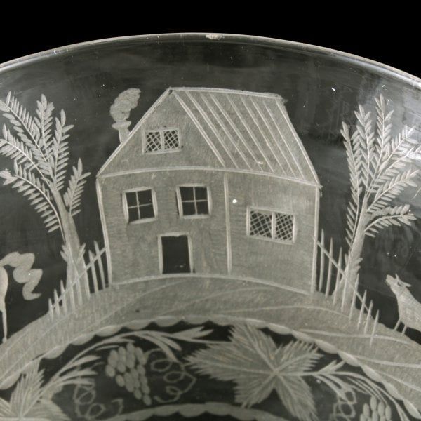 Antique Large Bucket Bowl Engraved Glass Rummer 