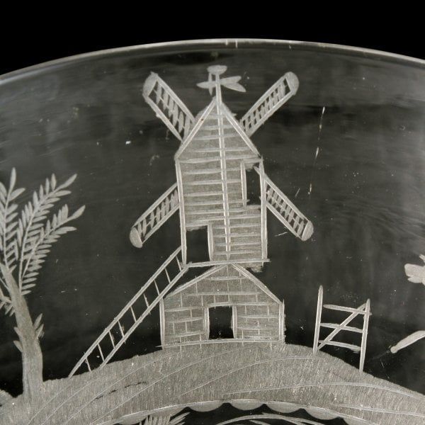 Antique Large Bucket Bowl Engraved Glass Rummer 