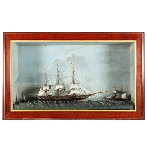 Antique 19th Century Three Ship Diorama 