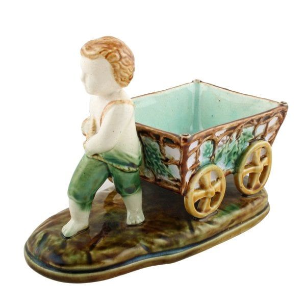Antique Victorian Majolica Boy & Grape Cart 