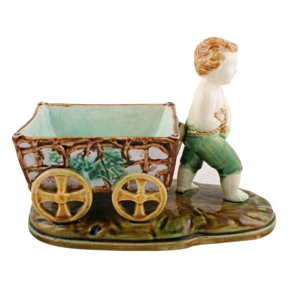 Antique Victorian Majolica Boy & Grape Cart 