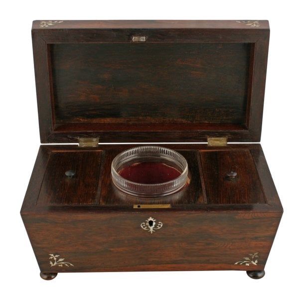 Antique Rosewood Mother of Pearl Inlaid Tea Caddy 