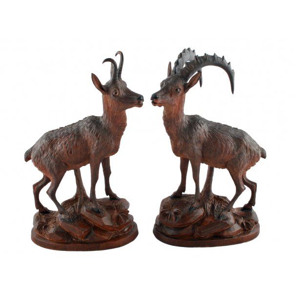 Antique Pair of Carved Wood Antelope 
