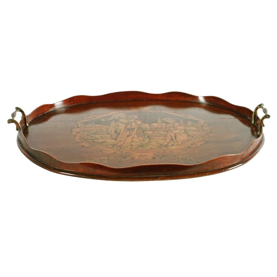 Antique Marquetry Inlaid Oval Tray 