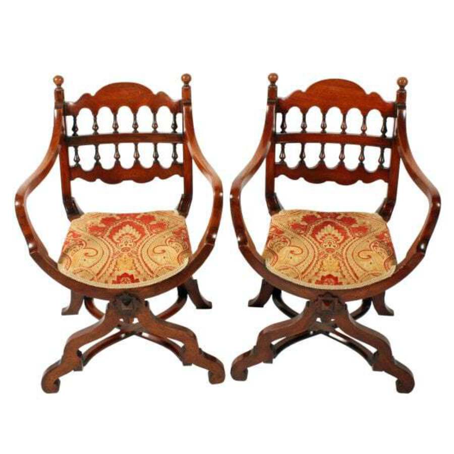Antique Pair of Walnut 'X' Frame Arm Chairs 