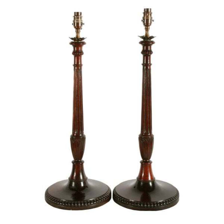 Antique Pair of Mahogany Candlestick Lamps 