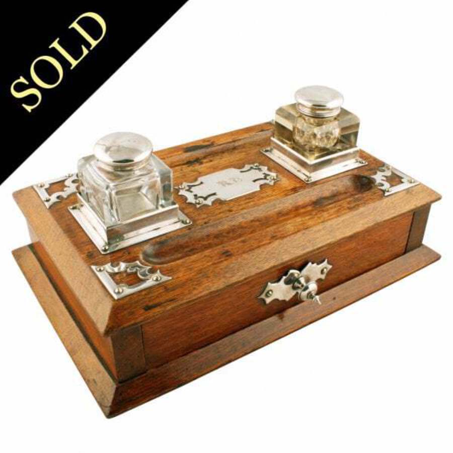 Antique Victorian Oak Inkwell Stand 