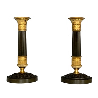 Antique A Pair of French Empire Ormolu & Bronze Candlesticks