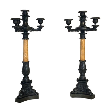 Antique Pair of French Restauration Period Bronze & Sienna Marble Candelabra