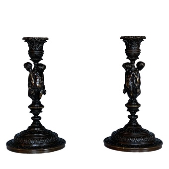 Antique A Pair of French Bronze Candlesticks By Henri Picard