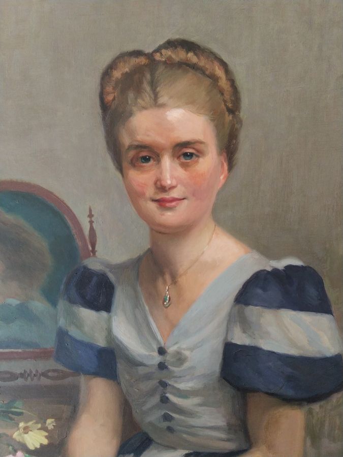Antique Large painting oil on canvas Circa 1940 signed by Raymond LHEUREUX (1890-1965), portrait of his daughter Françoise (born in 1924)