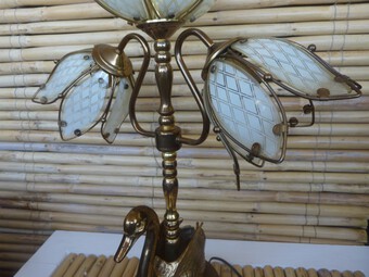 Antique Brass Table Lamp, 3 Stems, Glass Petals, Swan based, Vintage.