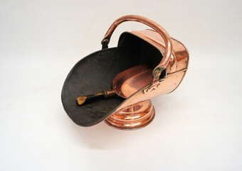 Antique Victorian copper coal scuttle c/w shovel, well made