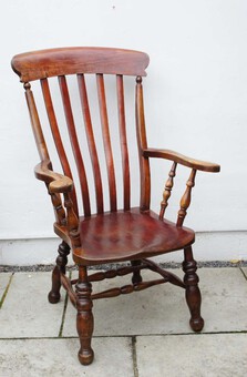 Antique Large Victorian lath-back, country, Windsor armchair Elm/Beech wide seat, clean