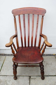 Antique Large Victorian lath-back, country, Windsor armchair Elm/Beech wide seat, clean