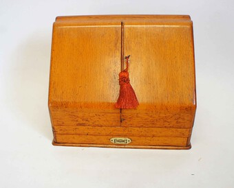 Antique Elegant Victorian Oak table top stationary box with drawer, lock & key