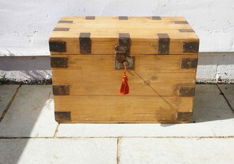 Antique Victorian pine metal bound pine travelling trunk c/w lock & key