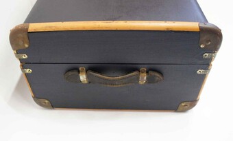 Antique 1930's Steamer trunk, blue, wooden straps - complete, superb condition