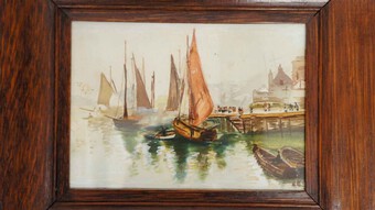 Antique Pair early 20th c watercolours, coastal scene with boats F&G, inits.