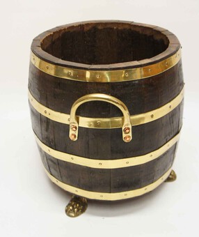 Antique Early 20th c Coopered  fireside log  bucket or planter on brass feet