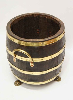 Antique Early 20th c Coopered  fireside log  bucket or planter on brass feet