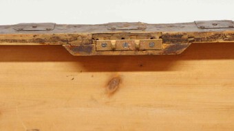 Antique Victorian pine metal bound  pine travelling trunk c/w lock & key