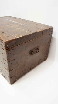 Antique Victorian pine metal bound  pine travelling trunk c/w lock & key