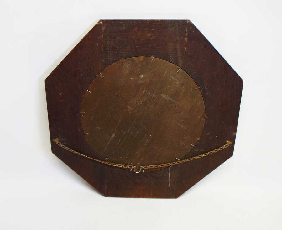 Antique Early 20th c Oak octagonal  bevel edged overmantle mirror