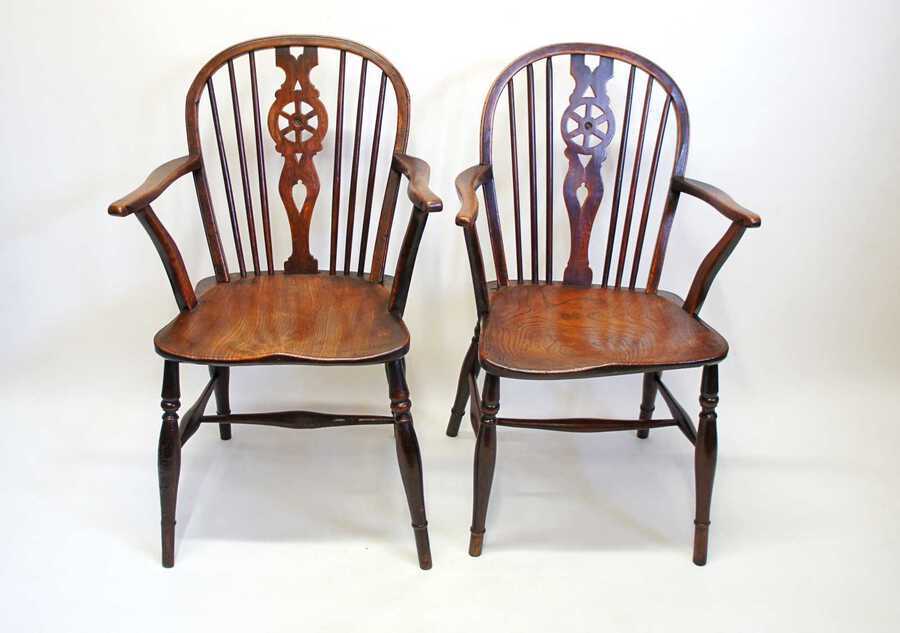 Antique Pair Georgian Oak & Elm  Windsor armchairs