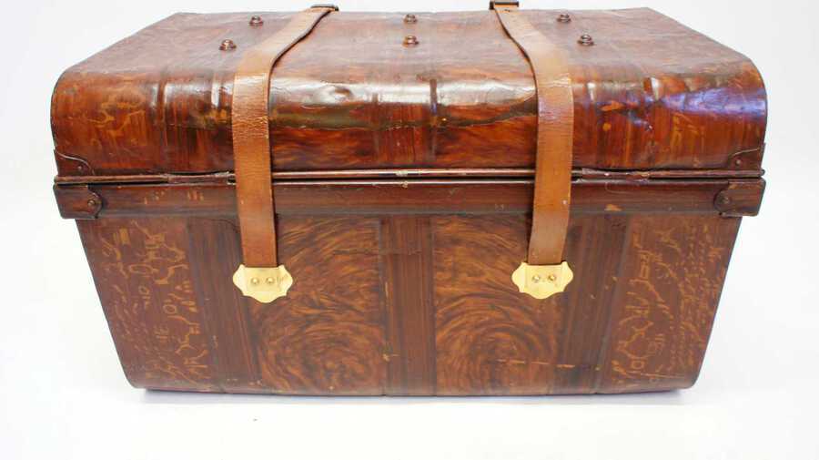 Antique Late Victorian metal steamer trunk with leather straps, refurbished