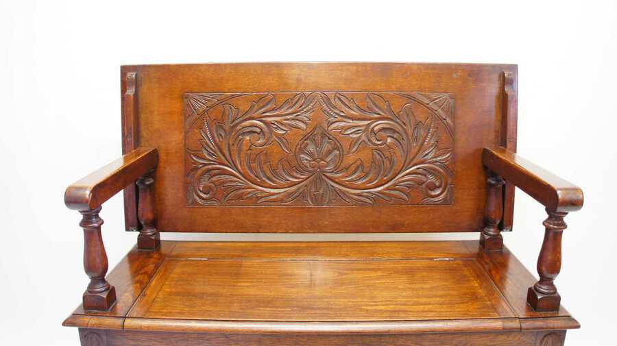 Antique Late Victorian carved Oak monks bench