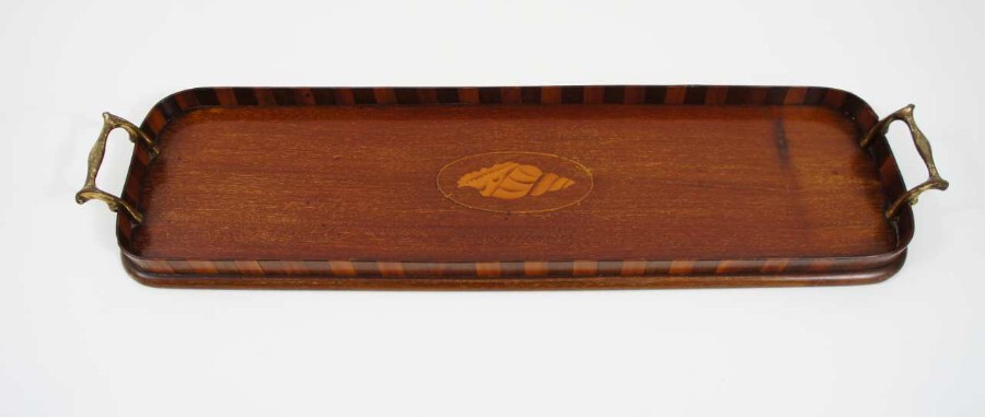 Fine Edwardian oblong, inlaid Mahogany drinks tray 60cm x 17cm