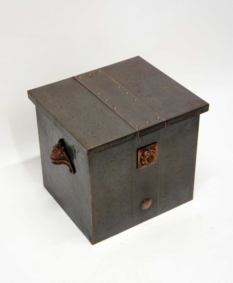 Early 20th C metal toleware style coal box complete with liner & scoop