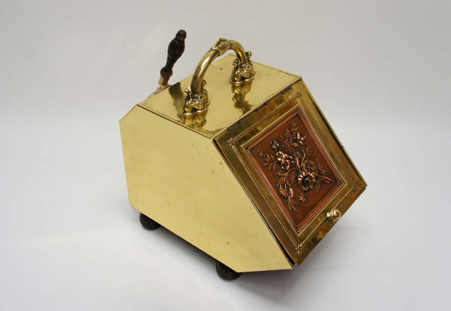 Victorian decorated Brass purdonium, coal box, complete VGC