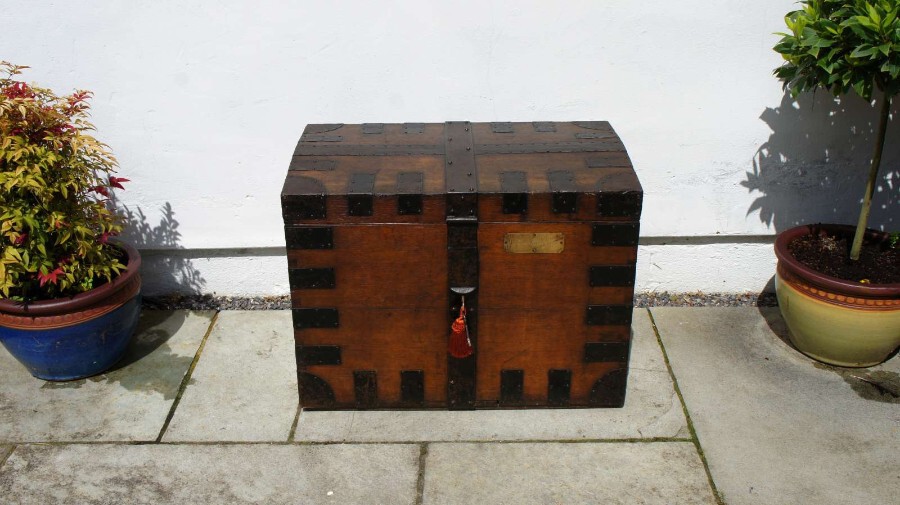 Antique Victorian Oak steel bound Silver chest, campaign chest with provenance