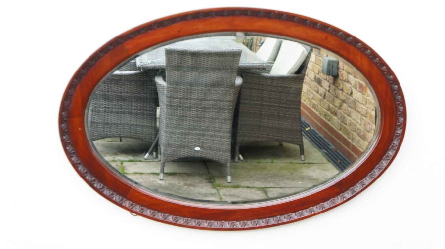 Large early 20th c oval Mahogany wall or overmantle mirror 88 cm x 55 cm