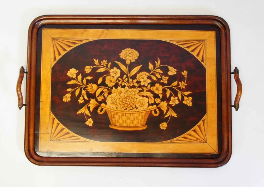 Large Victorian decorated Mahogany/Satinwood butlers or drinks tray 64cm x 48cm