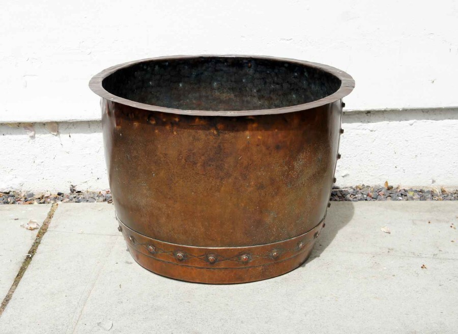 Large late Victorian studded copper fireside log bucket or planter