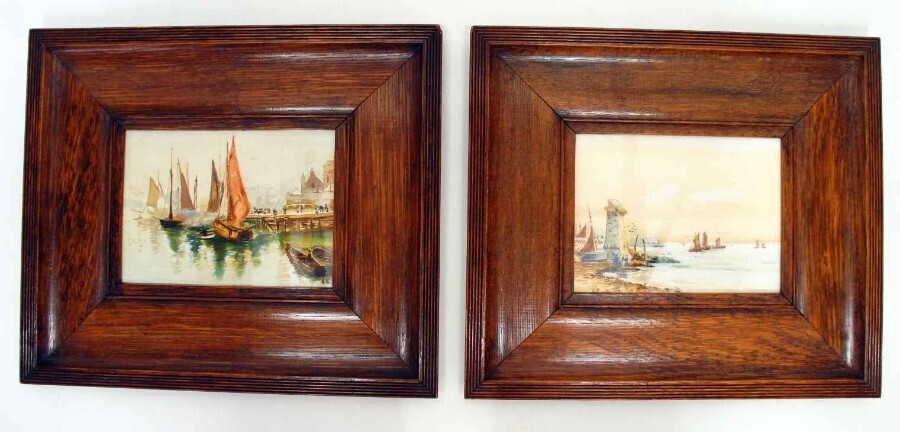 Antique Pair early 20th c watercolours, coastal scene with boats F&G, inits.