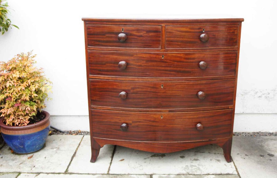 Large Georgian bow front, flame Mahogany chest of drawers