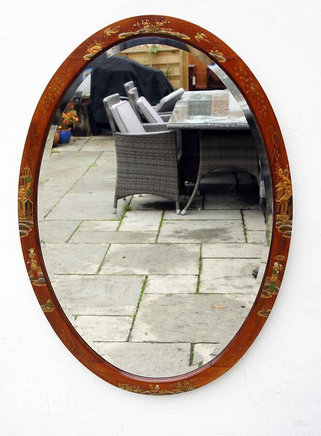 Large oval Edwardian Mahogany chinoiserie decorated  mirror 95 cm x 68 cm