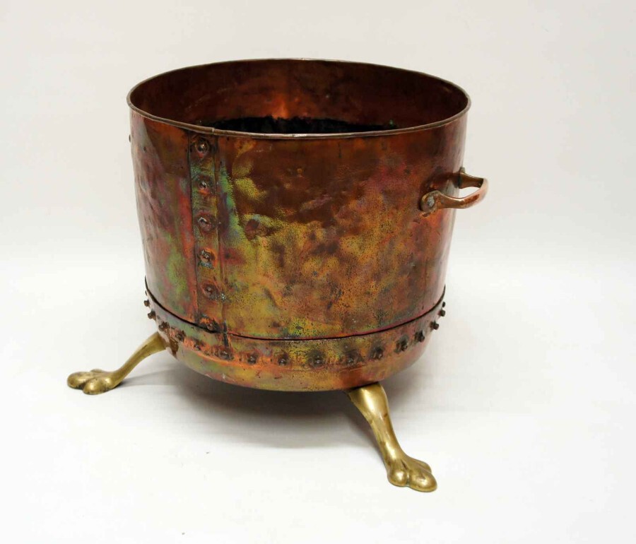 Large Victorian  studded copper  fireside log  bucket or planter on brass feet