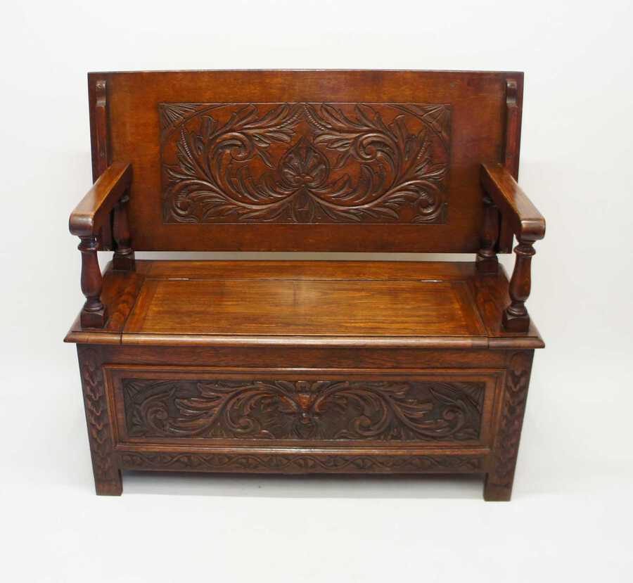 Late Victorian carved Oak monks bench