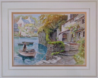 Antique Original 20thC Watercolour of Devon Estuary with Fishing Boats by E W Haslehust