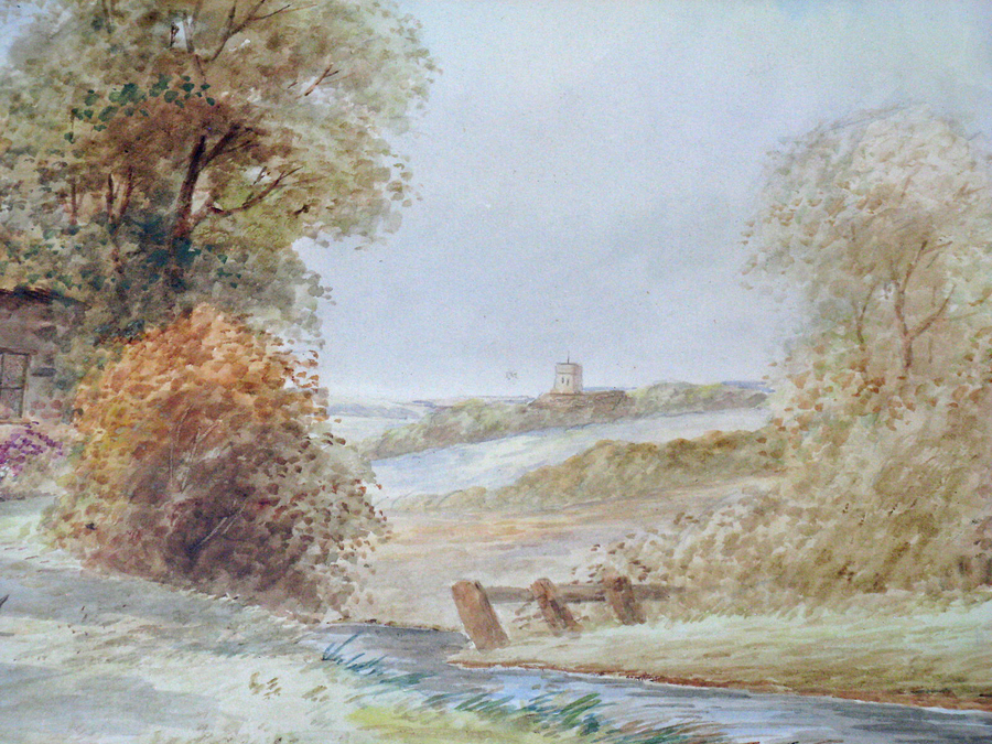 Antique Watercolour by Ernest Potter of Rural Scene with Thatched Cottages by a Stream