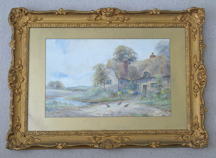 Watercolour of Rural Scene with Chickens in front of a Thatched Cottage by Ernest Potter