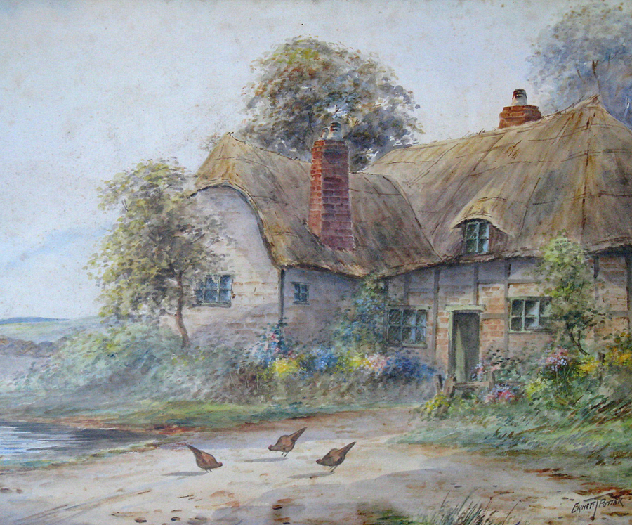 Antique Watercolour of Rural Scene with Chickens in front of a Thatched Cottage by Ernest Potter